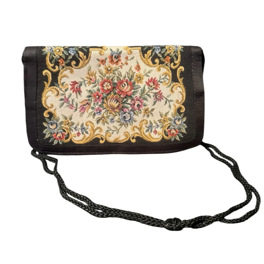 Vintage Floral Tapestry Shoulder Bag Black - Picture 2 of 9
